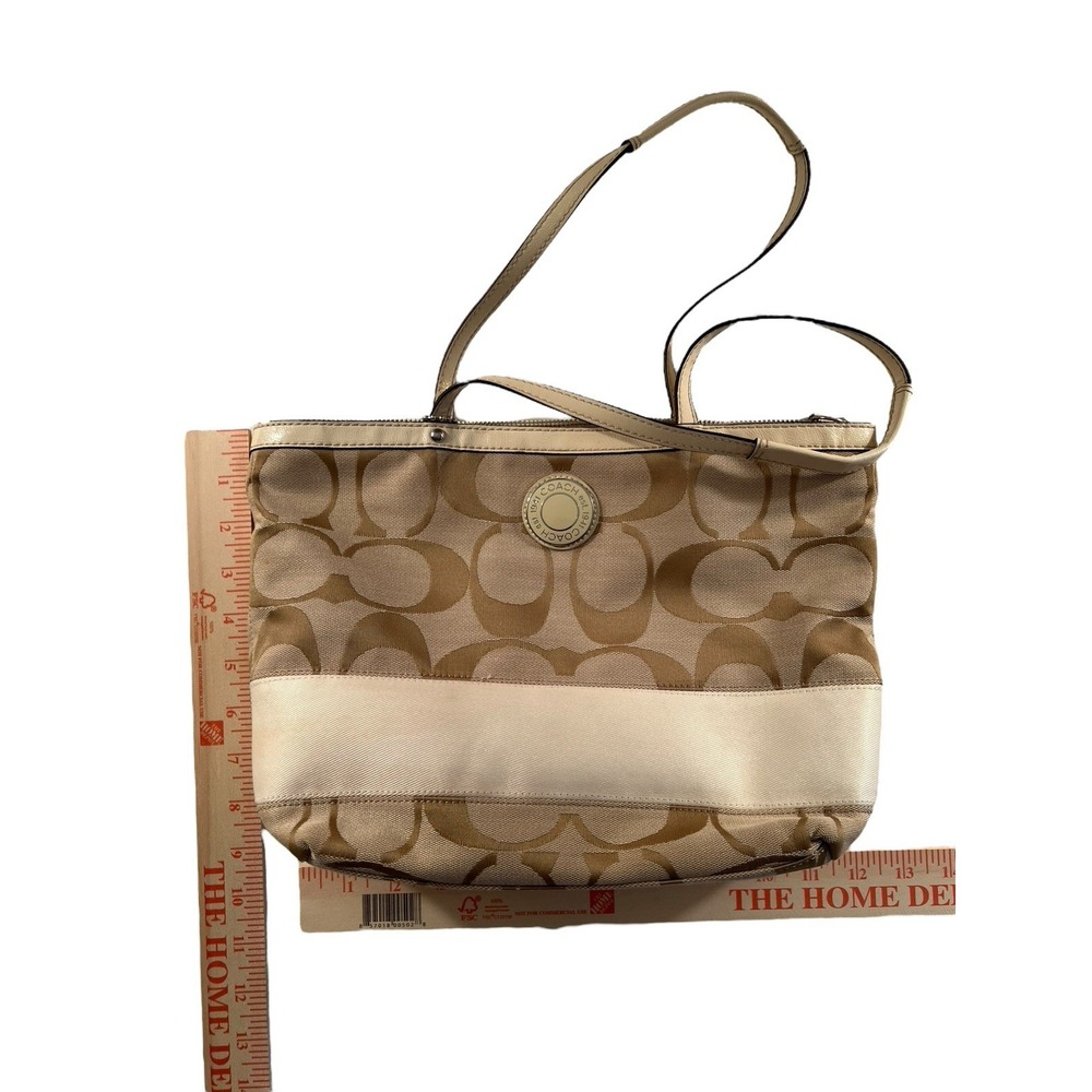 COACH Signature Stripe Canvas Shoulder Bag Purse Handbag‎ Creme Ivory Tan F19046 - Picture 10 of 10